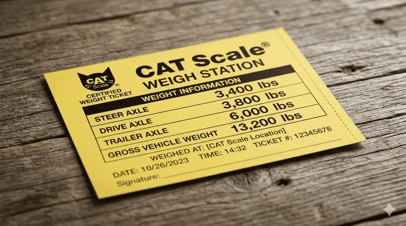CAT Scale weigh ticket showing Steer, Drive, and Trailer axle weights