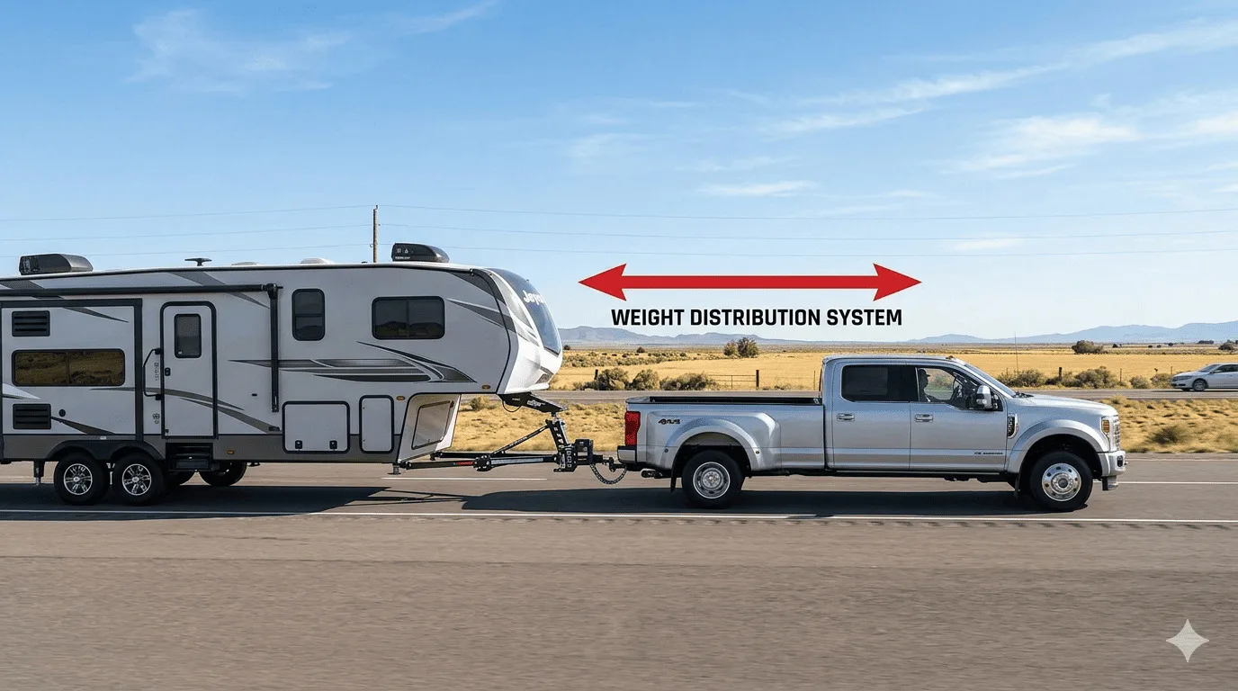 A level truck and trailer rig with a Weight Distribution Hitch installed